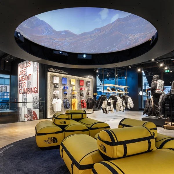 Close-up view of the custom-designed 360-degree projection dome at the North Face store in London